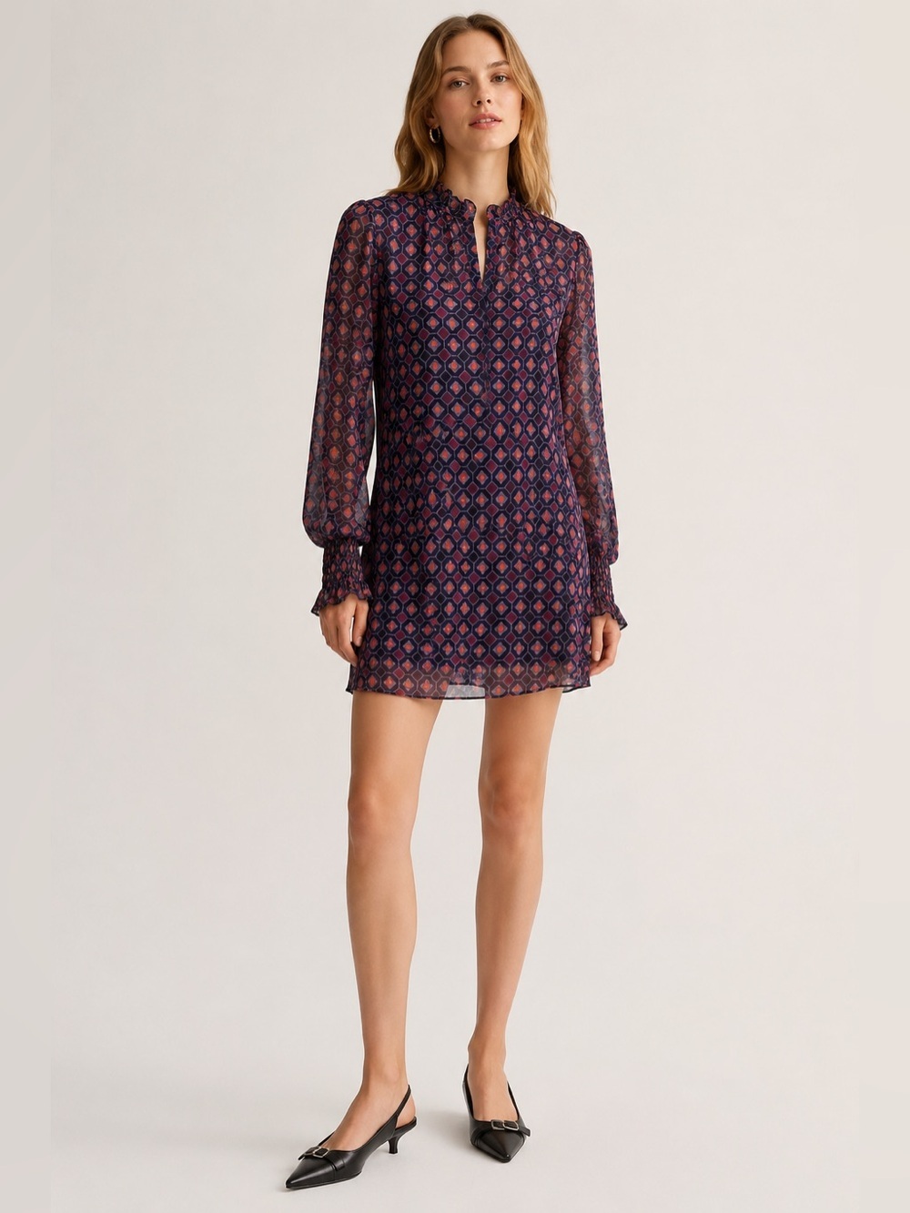 Highline Collective Geometric Print Ruffled Collar Chiffon Sheer Sleeves Dress